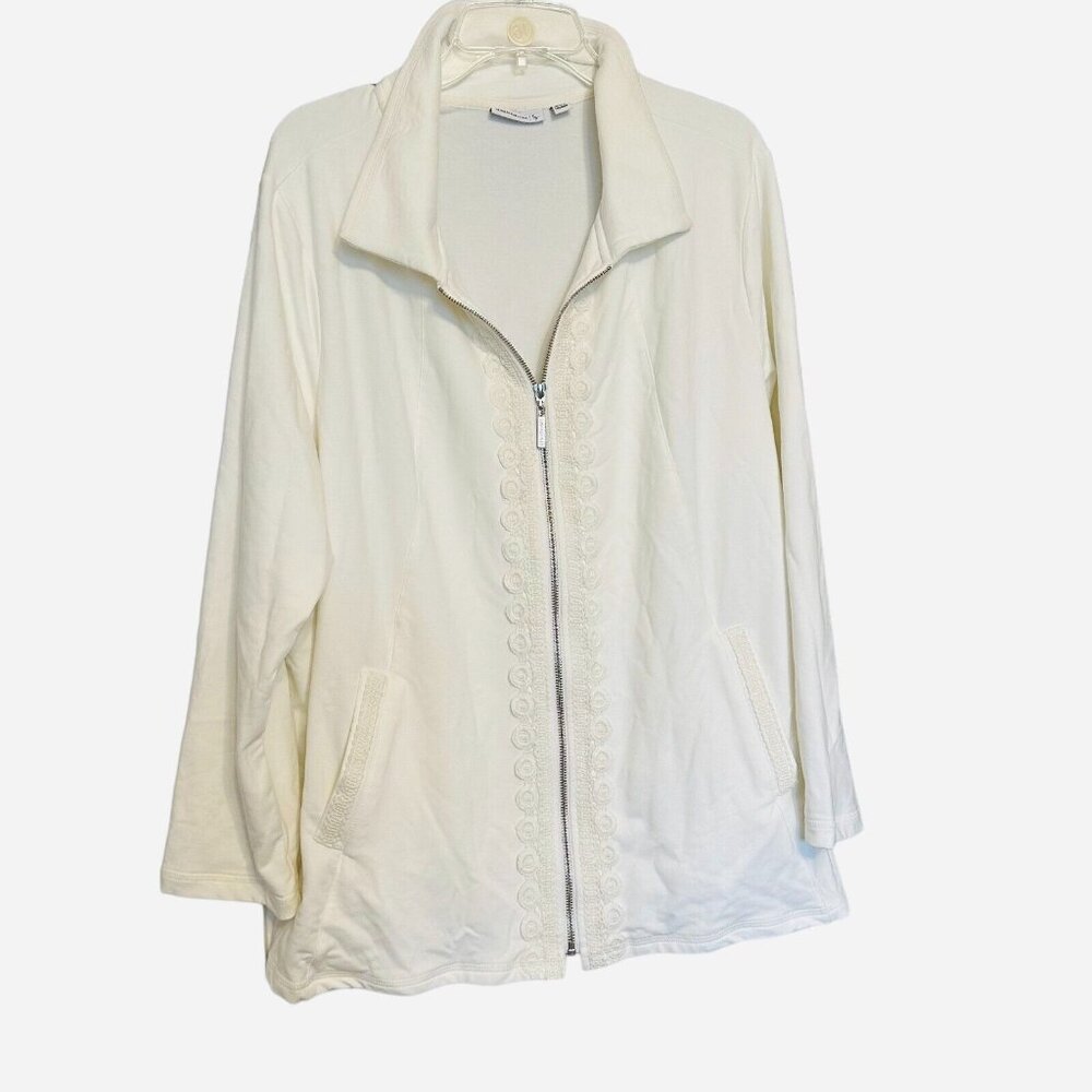 Susan‎ Graver Womens Jacket White Size 2X Long Sleeve Pockets Crochet Detail New